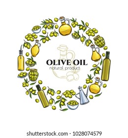 Poster template with hand drawn sketch olives, tree branches, glass bottle, jug , metal dispenser and olive oil for farmers market packaging design. Vector illustration in retro style.