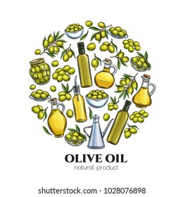 Poster template with hand drawn sketch olives, tree branches, glass bottle, jug , metal dispenser and olive oil for farmers market packaging design. Vector illustration in retro style.
