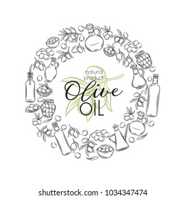 Poster template with hand drawn sketch olives, tree branches, glass bottle, jug , metal dispenser and olive oil for farmers market packaging design. Vector illustration in retro style.