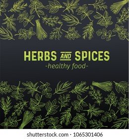 Poster template with hand drawn sketch herbs and spices for farmers market menu design. Vector illustration page decoration culinary herbs