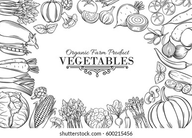 Poster template with hand drawn vegetables for farmers market menu design. Vector vintage illustration.