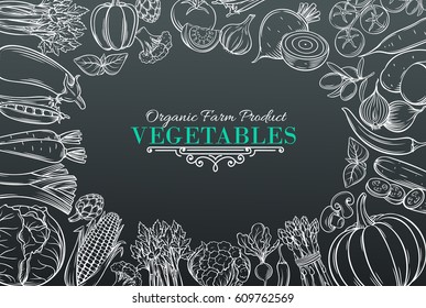 Poster template with hand drawn vegetables for farmers market menu design. White on black. Vector vintage illustration.