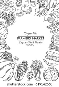 Poster template with hand drawn vegetables for farmers market menu design. Vector vintage illustration.