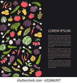 Poster template with hand drawn vegetables flat style vector. Various organic product for healthy food. Place for text