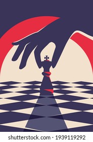 Poster template with hand holding chess piece. Strategy concept art in flat design.