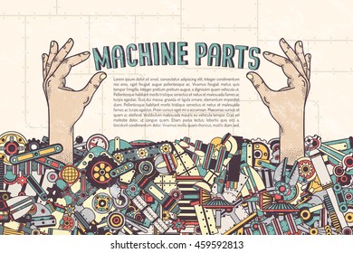 Plakatvorlage - Hand, die aus einem Haufen von Maschinenteilen herausklebt, hält Inschrift. Details in der Beschneidungsmaske - können entfernt und in eine andere eingefügt werden. Texturen auf separaten Schichten.