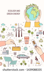 Poster template with hands holding globe, lightbulb and seeds surrounded by wind and solar power plants, electric car. Ecology, green energy, electricity generation. Modern linear vector illustration.