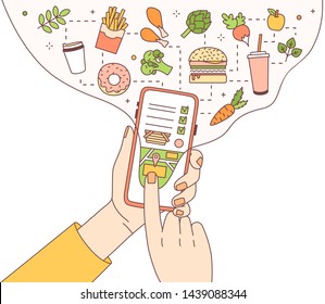 Poster template with hands holding phone with food delivery service mobile application or website on screen, restaurant or cafe meals and drinks to order. Modern vector illustration in linear style.