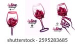 Poster template with hands holding wine glasses and hand drawn wine glasses, artistic drops stains. Vector illustration