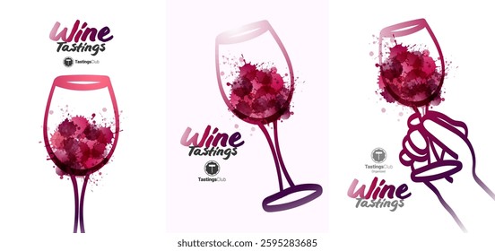 Poster template with hands holding wine glasses and hand drawn wine glasses, artistic drops stains. Vector illustration
