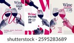 Poster template with hands toasting with wine glasses. Halftone effect. Collage. Vector illustration.