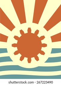 poster template for heavy industry, sun, waves and gear