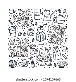Poster template with hot beverages and lettering. Coffee mugs with quotes. Vector doodle illustration.