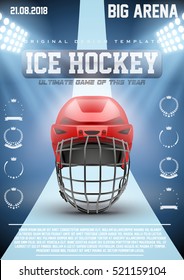 Poster Template Ice Hockey Games with Goalkeeaper Helmet. Cup and Tournament Advertising. Sport Event Announcement. Vector Illustration.