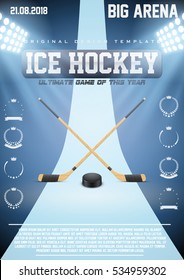 Poster Template Ice Hockey Games with sticks and puck. Cup and Tournament Advertising. Sport Event Announcement. Vector Illustration.