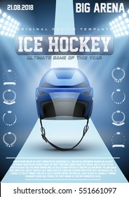 Poster Template Ice Hockey Games with Player Helmet. Cup and Tournament Advertising. Sport Event Announcement. Vector Illustration.