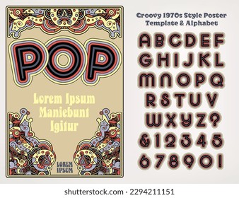 A poster template with included 1970s style pop-psychedelia alphabet.