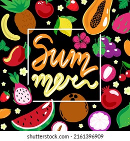 Poster template, invitation, decorated with ripe exotic fruit, hand-drawn. Isolated on a dark background. Exotic. Party invitation, holiday banner, postcard. Vector cartoon illustration close-up.