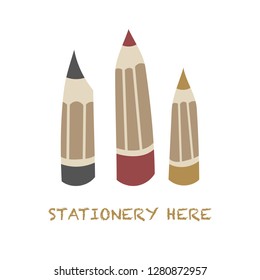 Poster template with isolated grey, red and yellow pencils and a text sample. Pastel colours. White background. Flat cartoon style vector illustration.