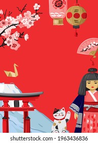 Poster template with japanese symbols, elements isolated on red. Banner concept about journey, history, art, culture of eastern country. Pagoda, sakura, geisha, fan for decoration. Vector illustration