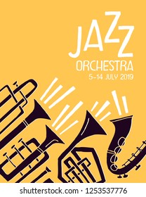 Poster template for jazz music festival, concert or event. Stylized musical brass instruments. Vector illustration in contemporary handdrawn style. 