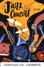 Poster template for jazz music orchestra performance, festival or concert with musical instruments and lettering. Vector illustration in contemporary flat style for event promotion, advertisement.