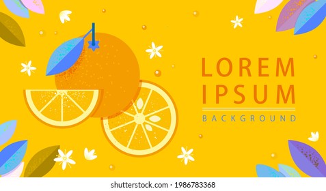 poster template, label, orange, orange slices, orange leaves and flowers on yellow background 