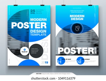 Poster template layout design. Business poster, placard background mockup in bright colors. Vector illustration with blue gradient circle