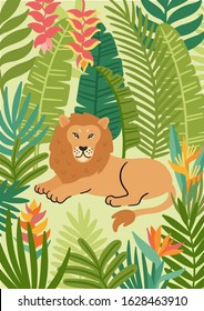 Poster template with lion and exotic tropical plants. Beautiful animal print design for home decor.