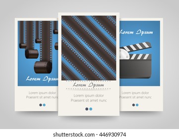 Poster template for the movie, cinema background. Cinema concept banner. Vector set of flyers with the film-strip