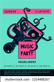 Poster template with octopus and tape record. Night party vector background. Summer dance music festival.