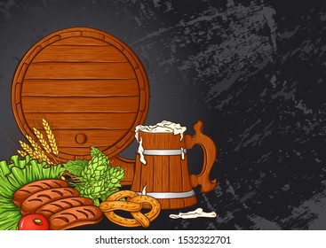 Poster template of Oktoberfest beer party. Vector illustration with beer barrel, wooden mug, grilled sausages, pretzel, hops on a black grunge background. Pub, restaurant and bar design