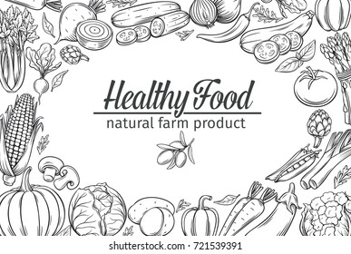 Poster template page design with hand drawn sketch vegetables for farmers market menu design. Vector vintage illustration.