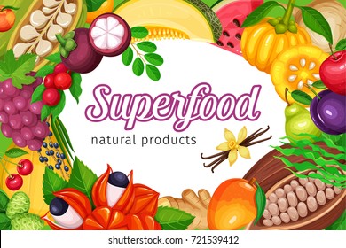 Poster template page design with superfood fruits and beries for detox product menu design. Vector illustration.