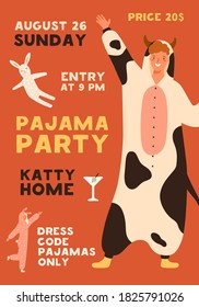 Poster template of pajama party with place for text vector flat illustration. Announcement of recreational event with funny man in cow costume. Promo flyer of theme holiday with people in homewear