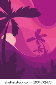 Poster template with palm trees at sunset. Summer concept in flat design.