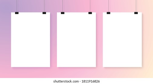 Poster template of a paper sheet. Collection empty paper frame mockup hanging with paper clip. Isolated on colorful background. Trendy vector illustration for web and print.