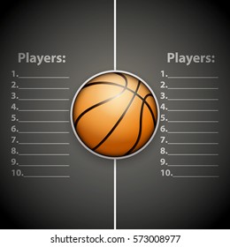 Poster Template Player List with Basketball Ball. Cup and Tournament Advertising. Sport Event Announcement. Vector Illustration.