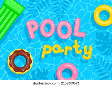 Poster template for pool party. Colorful inflatable circles, mattress and letters float on the water surface