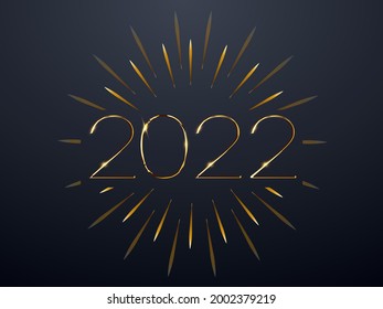 Poster template, a postcard for the new year with gold numbers 2022 and fireworks on a black background. Winter holiday greeting card design template. Vector illustration