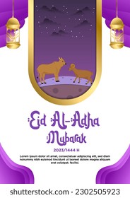 Poster template purple simple elegant theme of Happy Eid al-Adha with animal illustration