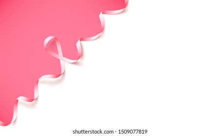 Poster template with realistic pink ribbon. Symbol of national breast canser awareness month in october. Vector illustration.