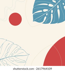 Poster template, red and blue, summer vibe. Empty space for insertion. Smooth boho shapes and palm leaves.
