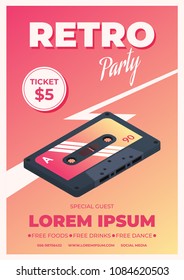 Poster template for retro party. Audio cassette on a gradient background. Vector illustration