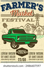 Poster template in retro style for Farmer Market Festival. Elements for design.