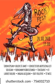 Poster template for a rock event. Long-haired musician plays bizarre guitar in front of excited audience. Grunge abstract sketch vector illustration on some orange background. Vertical. Copy space.