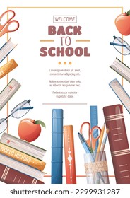 Plantilla de afiches con accesorios escolares, libros de texto y artículos de papelería. Diseño de volantes sobre el tema de la escuela, la educación. De vuelta a la escuela, a la escuela, a estudiar. Banner, fondo, tamaño del cartel a4