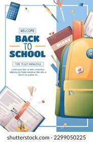 Poster template with school backpack, textbooks and stationery. Flyer design on the theme of school, education. Back to school, school time, studying. Banner, background, poster size a4