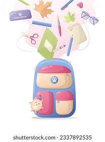 Plantilla de afiches con bolso escolar y papel. Diseño de volantes sobre el tema de la escuela y la educación. Ilustración vectorial para afiches, postales, banner y publicidad