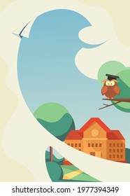 Poster template with school building and owl. Flyer design in flat style.